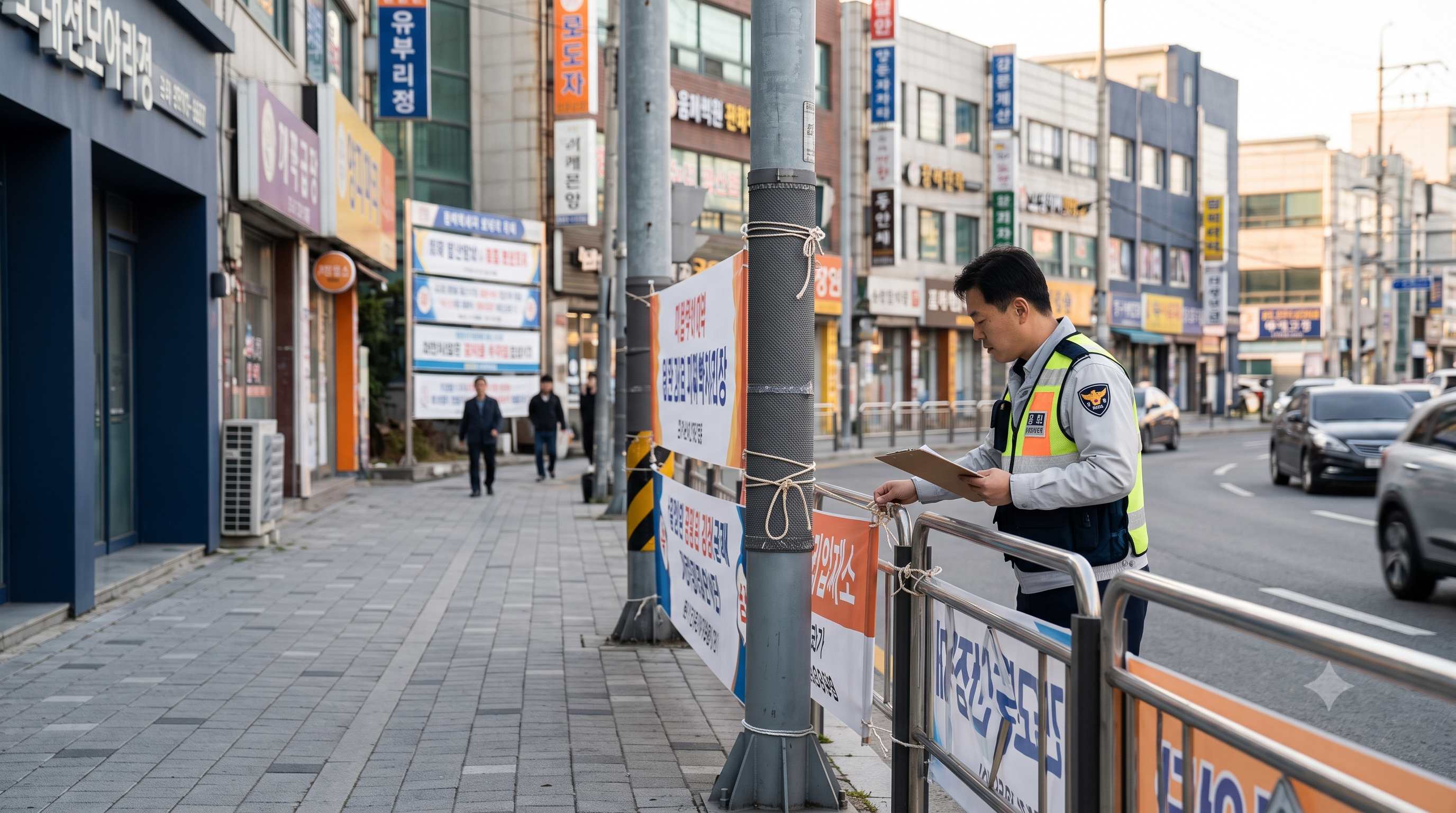 불법 무단 게시 현수막을 단속하는 모습과 과태료 부과 기준