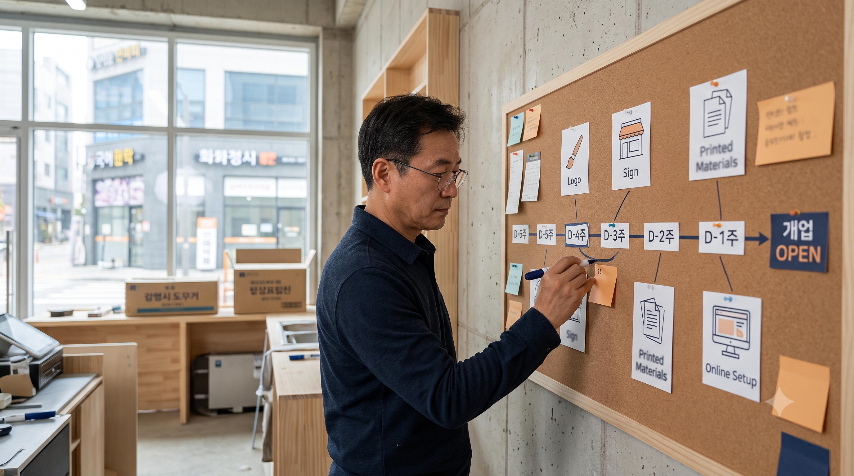 개업일에서 거꾸로 계산한 간판·인쇄·온라인 역산 준비 타임라인